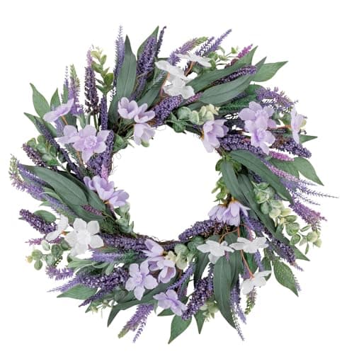 U'Artlines 24 Inch Tulip Wreath for Front Door, Spring Summer Silk Lavender Wreath with Eucalyptus Leaves Artificial Tulip Flower Wreaths for All Seasons Window Wall Wedding Valentines Day Decor