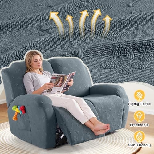 Ruaozz Loveseat Recliner Covers, 6 Pieces Dual Recliner Couch Cover Stretch Paw Bone Prints Reclining Sofa Slipcovers Soft Furniture Protector with Pockets for Dogs Pets (2 Seat, Gray) - Thumbnail 3