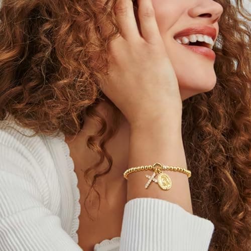 14K Gold Plated Bead Cross Bracelet, Virgin Mary Cross Bracelet for Women, Dainty Stretch Bead Bracelet, Religious Jewelry for Catholic Baptism Confirmation Easter Gifts (To My Godmother-Gold) - Thumbnail 2