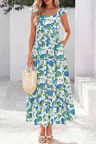dowerme Womens Summer Dresses 2026 Ruffle Sleeve Square Neck Floral Boho Midi Dress Spring Smocked Beach Party Sundress(Floral Blue Green,X-Large) - Thumbnail 4