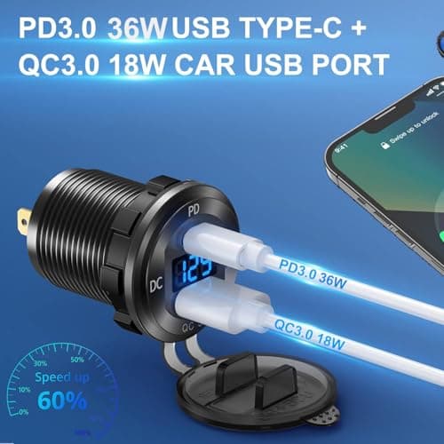 Aluminum Alloy USB C Car Charger Socket,12V USB C Outlet, PD 36W and Quick Charge 3.0 18W Dual Port Waterproof Power Adapter with Voltmeter and Switch for Marine Truck Motorcycle Boat Golf cart RV - Thumbnail 3