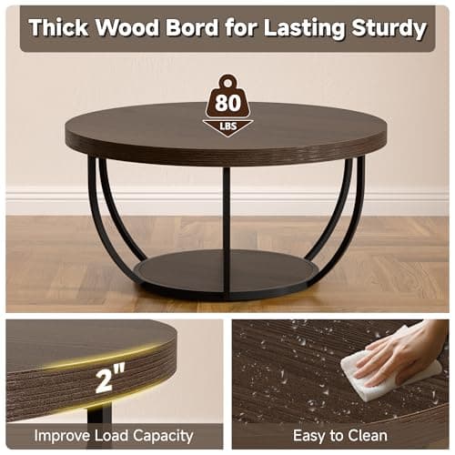 TEROL Round Coffee Table, 31" Coffee Table for Living Room Decor, 2-Tier Storage with Steel Frame, Space-Saving Wood Center Table, Modern Style Easy Assembly (Dark Coffee) - Thumbnail 3