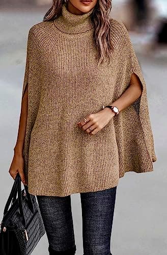 KIRUNDO Women's 2026 Fall Winter Turtleneck Poncho Sweater Fashion Chunky Knit Cape Wrap Sweaters Pullover Jumper Tops(Yellow Camel, Medium) - Thumbnail 6