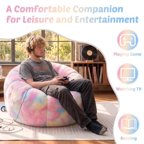Cvortll Bean Bag Chair, Floral Shaped Beanbag, Faux Fur Adult Teen Kids Comfy Chair with Petal Armrest Chair, Bean Bag Couch for Bedroom, Living Room, Dorm, Game (Colorful) - Thumbnail 3