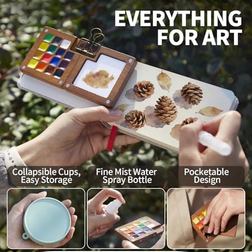 Mini Watercolor Paint Set, All-in-One 15-Color Walnut Wood Travel Kit with Crossbody Bag, Watercolor Journal, Metal Clip, Water Cup, Water Brush, Portable Pocket Art Set for Adult Art Lovers (Green) - Thumbnail 6