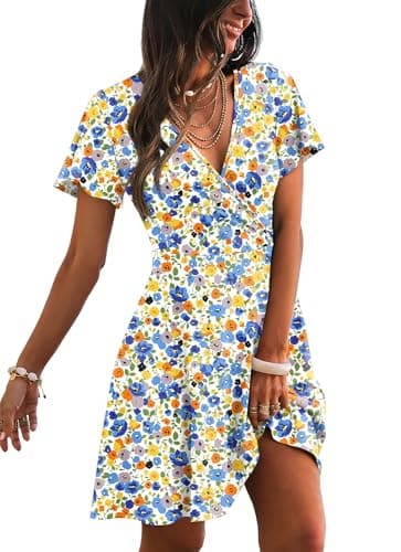 RUMIA Spring Dresses for Women 2026 Casual Wrap V Neck Lightweight Vacation Summer Dress Easter Beach Sundresses Floral Colorful XL - Image 1