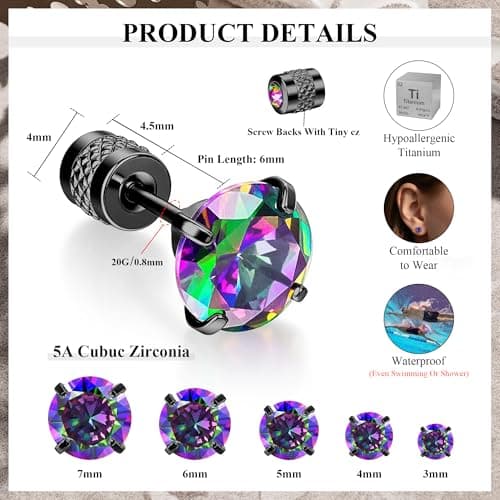 MHWTTY Hypoallergenic Cartilage Earrings for Women Men, 1 Pairs Titanium Stud for Women Gold Silver Black 20G Post & Screw Back with Cubic Zirconia 3 4 5 6 7 mm Piercing Jewelry (Black+Rainbow CZ, 7mm) - Thumbnail 2