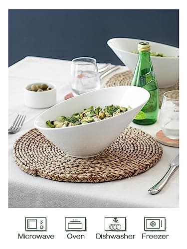 DOWAN 23 OZ Slanted Salad Bowls of 2 Packs - 9.5" Angled Serving Bowls for Salad, Fruit, Snacks - Ceramic White Bowls for Restaurant, Daily Use - Dishwasher & Microwave Safe - Thumbnail 3