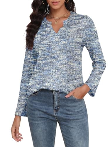 COCOMARTS Womens Waffle Knit V Neck Tops Long Sleeve Henley Shirts Casual Blouses Fall Winter Outfits 2025 Trendy Clothes Sky Blue XX-Large - Image 1