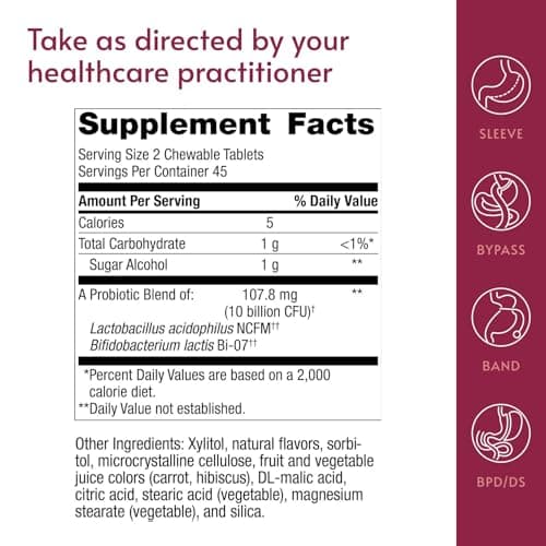 Bariatric Advantage Chewable FloraVantage Probiotic - 10 Billion CFUs - Probiotic Supplement - Supports Gut Health & Immune System* - Vegetarian & Gluten-Free - Grape Flavor - 90 Count - Thumbnail 4