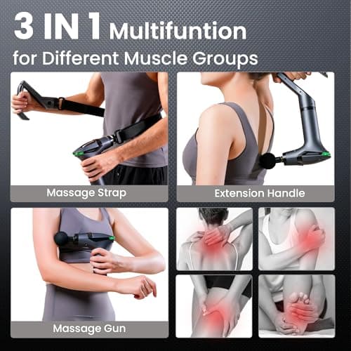 CNAPES 3-in-1 Percussion Massage Gun with Extension Handle - Detachable Muscle Massage Gun Deep Tissue for Back, Neck, Shoulders, Arms,& Thighs, 12 Speeds 4 Heads, Portable for Home, Gym, Office - Thumbnail 2