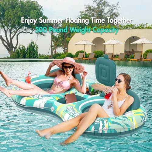 Sunikko X 5-in-1 Pool Floats Adult Heavy Duty River Tube, 2 Person Water Lounge Tanning Pool with Backrests, Built-in Cooler, Cup Holders, Deluxe Pool Toys for Summer Relaxation - Thumbnail 2