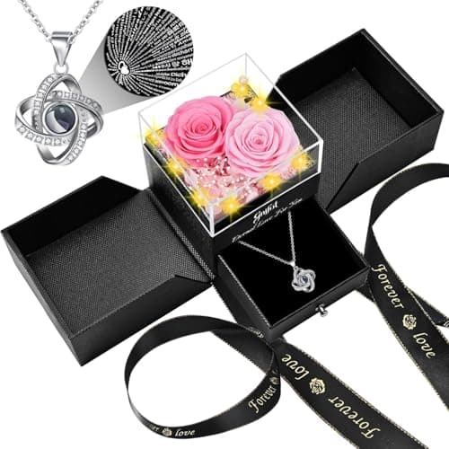 Gnifot 2 Preserved Rose Gift for Women - Eternal Rose with I Love You Necklace - Romantic Birthday Gifts for Girlfriend Mom Her Wife Grandma on Valentines Mothers Day Anniversary Christmas-Pink - Image 1