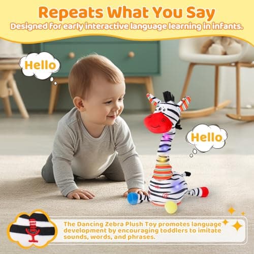Dancing Talking Zebra Toy,Interactive Mimicking Repeating Zebra Plush Toy,Funny Gift Infant 6-18 Months,10 Children's Song,Tummy Time Toy Zebra Stuffed Animal for Toddlers 1 2 3 Year Old Boy Girl - Thumbnail 4