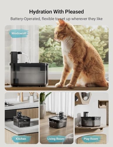DownyPaws Cat Water Fountain Cordless, 84oz/2.5L Fursink Wireless Pet Water Fountains for Cats Indoor, Battery Operated Cat Drinking Fountain with Motion Sensor, Ultra Quiet Pump, BPA-Free, Black - Thumbnail 2