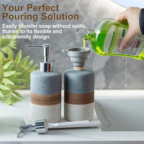 Cormomu Ceramic Soap Dispenser Set(2 Pack) – Hand Soap, Dish Soap, Shampoo & Shower Soap Dispenser for Bathroom & Kitchen, Stainless Steel Pump, Includes Silicone Funnel & Diatomaceous Tray, Gray - Thumbnail 2