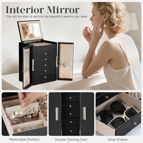 Dajasan Large Jewelry Organizer Box, 6-Tier Jewelry Storage Case with 5 Drawers, Jewelry Boxes for Women Girls with Mirror, Double Door, Textured PU Leather, Gift Idea, Stylish (Black + Gold) - Thumbnail 6