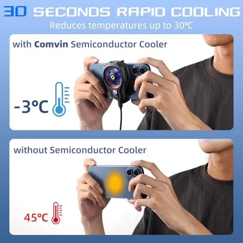 Comvin Cell Phone Cooler for Gaming - Clip On Mobile Phone Cooling Fan with Dual Mode/Temperature Display/LED Light/Ultra Quiet, Supports Devices for 67-88mm Width iOS/Android, Cellphone Gaming - Thumbnail 3