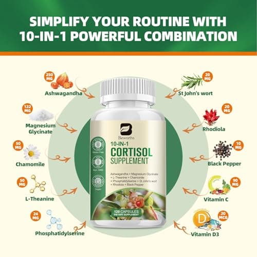 B BEWORTHS Cortisol Supplements for Women Men, 10-in-1 Cortisol Detox with Ashwagandha, Magnesium, L-Theanine, Balanced Cortisol Levels, Night & Calm Support, 120 Vegan Capsules - Thumbnail 2