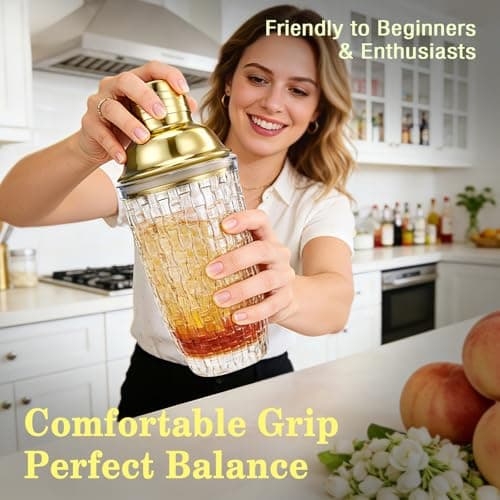 Farafox Cocktail Shaker Set - Gold Drink Shaker Bottle with Muddler Professional Martini Shaker Glass, Home Bartender Kit 13.5 Oz Drink Mixer with Measuring Jigger and Built-In Strainer - Thumbnail 6