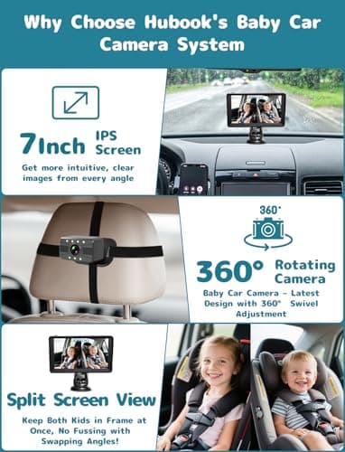 HUBOOK Dual Baby Car Camera, 7" 1080P Split Screen Baby Car Monitor with Night Vision, Rear Facing Car Seat Camera for 2 Kids Newborn Toddlers Travel Safety - Thumbnail 2