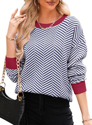 Dokotoo Womens Sweaters Elastic Crewneck Color Block Knit Tops Cute Casual Comfy Fitted Ladies Pullover Sweater Womens Fall Fashion 2026 Blue Stripe Small - Image 1