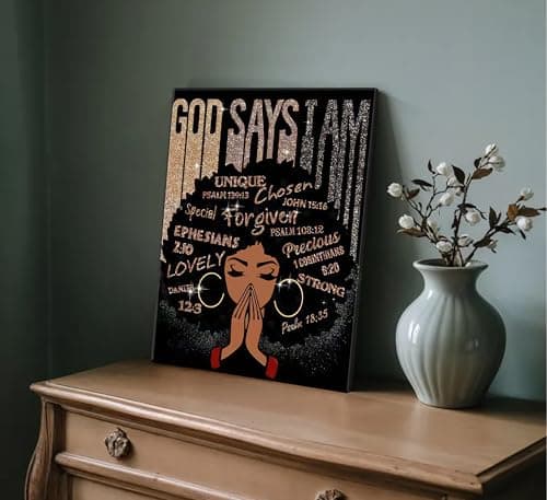 God Says I Am Canvas Wall Art Christian Black Woman Bible 3D Texture Painting Wall Decor Poster Prints Artwork for Bedroom Girl Room Office Apartment Home Decoration - Thumbnail 6