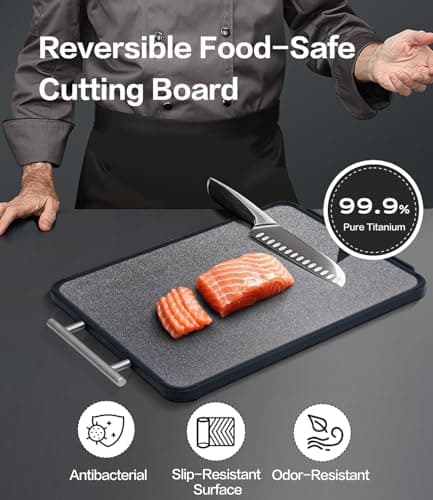 Titanium Cutting Board for Kitchen- Double Sided Cutting Board with Stand, Textured Food-Grade Pure Titanium Side for Chopping Meat, PP Side for Vegetables, Easy to Clean(14.5”×11”, 1 PC) - Thumbnail 5