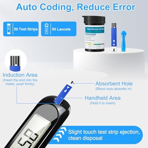 Blood Sugar Monitor,Glucose Monitor Kit with 50 Test Strips & 50 Lancets for Diabetes Testing, Blood Glucose Meter with Auto Eject, No Coding & Large LCD for Seniors - Thumbnail 4