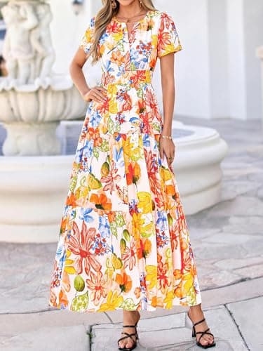 BTFBM Womens Summer Floral Maxi Dresses V Neck Short Sleeve Boho Casual Flowy Long Wedding Guest Dress Beach Vacation(Floral Multicolored, XX-Large) - Thumbnail 5
