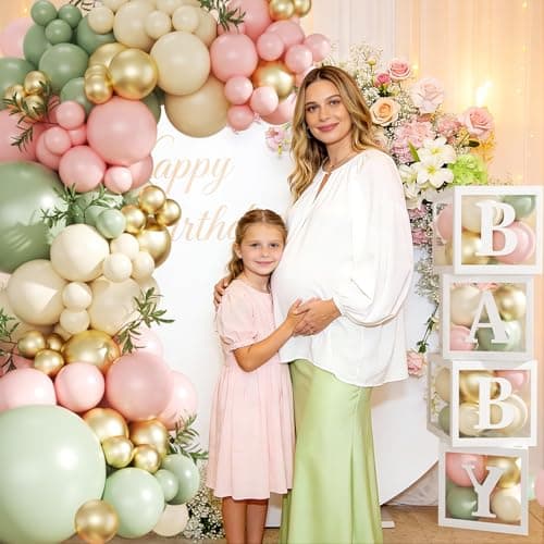 Pink and Green Gold Balloon Arch Kit, 132Pcs Pink and Green Baby Shower Decorations with Baby Boxes Letters for Girls Boho Baby Shower Gender Reveal Birthday Party Decorations - Thumbnail 5