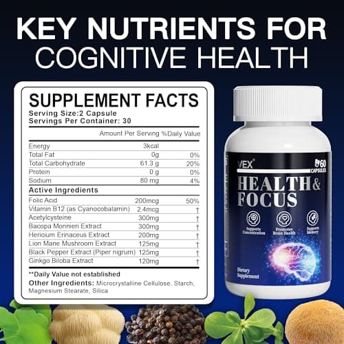 VEX Brain Supplements for Memory and Focus Contain Vitamin B12 folic Acid acetylcysteine Purslane Lion's Mane Mushroom and Ginkgo biloba extracts—for Brain Health 60 Capsules - Thumbnail 2