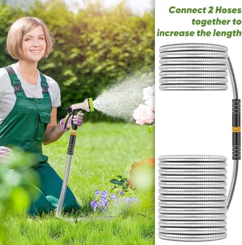 Garden Hose 50 ft, Stainless Steel Water Hose with 10 Function Nozzle Flexible, Heavy Duty, Lightweight, No-Kink, Pet Proof, Puncture Proof Hose Metal for Yard, Outdoor - Thumbnail 6