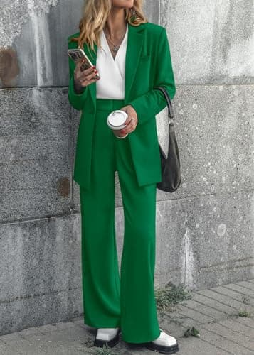 KIRUNDO Women Suits 2 Piece Set Business Casual Dressy Oversized Blazer Jacket and Wide Leg Dress Pantsuits Formal Outfits(Green, Medium) - Thumbnail 2