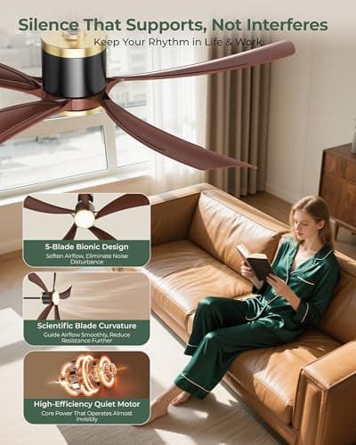 BLNAN 52" Premium Walnut Solid Wood Ceiling Fan with Light - Whisper-Quiet DC Motor, 6 Speeds, 3000K-6000K Dimmable LED, Remote Control with Timer, 2 Downrods for Indoor/Outdoor, A++ Energy Saving - Thumbnail 3