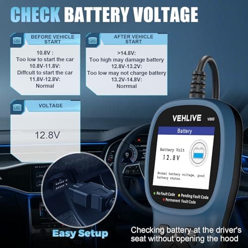 V860 Scanner for Car and Trucks, OBD2 Diagnostic Tools and Code Reader for Engine Check, Battery Testing, O2 Sensor and EVAP Leak Test, Annual Check Readiness,Printable Export, Vehicle After 1996 - Thumbnail 5
