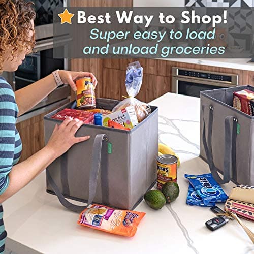 Reusable Grocery Bags (3 Pack) – Heavy Duty Reusable Shopping Bags with Box Shape to Stand Up, Stay Open, Fold Flat – Large Tote Bags are Foldable with Long Handles & Hard Bottom (Navy Blue) - Thumbnail 6