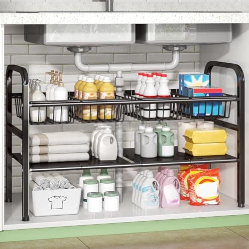 Under Sink Organizer and Storage,2 Tier Expandable Organization and Storage with 4 Panels and 4 Baskets,Cabinet Organizer,Under Sink Shelf,for Kitchen,Bathroom,Laundry Pantry Cabinet,Black