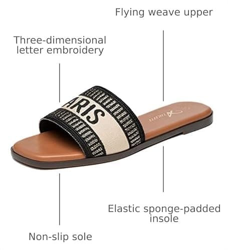 Athlefit Women's Slides Summer Fashion Slip On Flat Sandals Dressy Black Multi Size 10 - Thumbnail 3