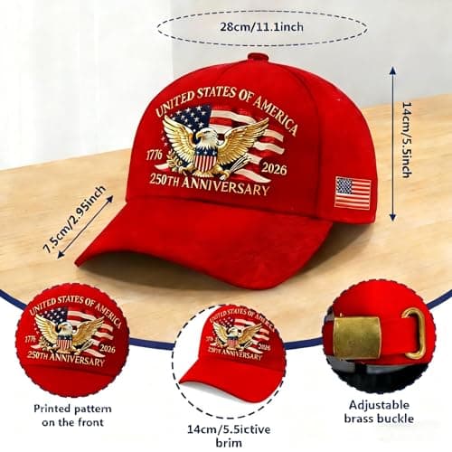 250 Anniversary USA Hat for Men Women,Eagle Printed Adjustable Baseball Cap,Patriotic 250th Gift for Husband,Veteran(Red) - Thumbnail 3