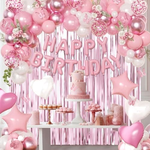 Pink Birthday Decorations for Women Girls, Metallic Pink Pearl White Confetti Foil Balloons Happy Birthday Banner Butterfly Fringe Curtains for birthday Party Supplies - Thumbnail 4