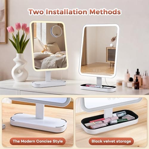 DASLAVA Vanity Mirror with Lights, Storage Hollywood Mirror, 1/10X Magnifing, 3 Colors Lights & Adjustable, Lighted Up Mirror for Makeup Desk, Bedroom, Dressing Room, （19.7" X 12" White） Plug in - Thumbnail 5
