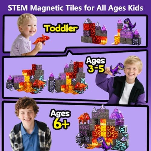GobiDex Dinosaur Toys Magnetic Tiles Lava Cave Dinosaur World Set - Magnetic Building Blocks for Kids 3-5 5-7 Girls Boys Toys Age 4-6 6-8, STEM Sensory Toddler Birthday Gifts for 3+ Year Old Kids Toy - Thumbnail 4