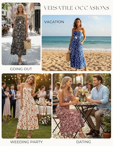 GRACE KARIN Summer Maxi Dresses for Women 2026 Floral Strapless Tube Top Boho Dress Flowy Beach Vacation Clothes with Pockets Blue 2XL - Thumbnail 6