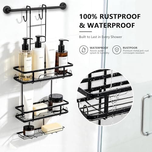 OMAIRA Over The Door Shower Caddy, 3-Tier Hanging Shower Organizer with 8 Hooks & Soap Holder, Height-Adjustable Rustproof Bathroom Shelf for Shower Door, No Drilling Storage Rack, Black - Thumbnail 2