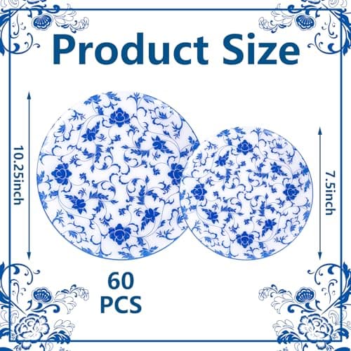 Joyido 60 PCS Blue Plastic Plates - Blue Floral Plates - Disposable Decorative Plate Sets Include 30 Dinner & 30 Dessert Plate for Wedding Birthday Party Spring Supplies - Thumbnail 2