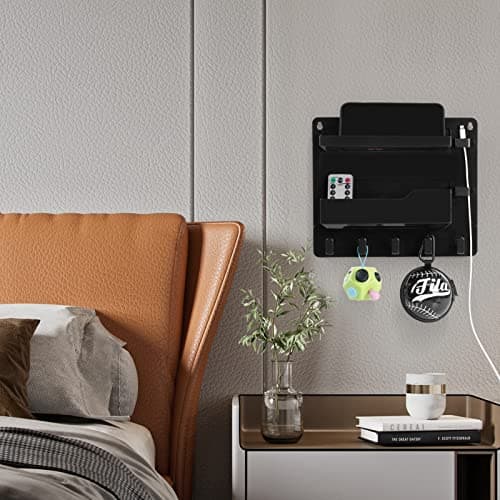 JUMEIHUI Wall Mount Shelf Organizer, Adhesive Bedside Shelf Accessories with Hooks and Cable Clips, Dorm Room Wall Storage for Phone, Remote, Earphone, Kindle, Plastic(Black) - Thumbnail 2