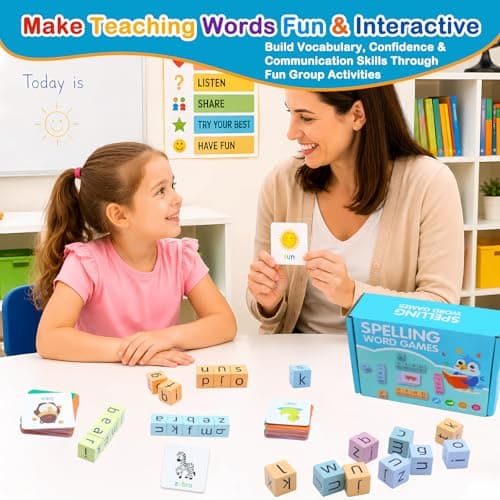 Humerry Spelling Games for Kids Ages 3-8, Phonics Matching Game with 54 Flash Cards & 20 Letter Blocks, CVC & Sight Word Building Reading Game, Classroom Must Haves for Preschool & Kindergarten - Thumbnail 2
