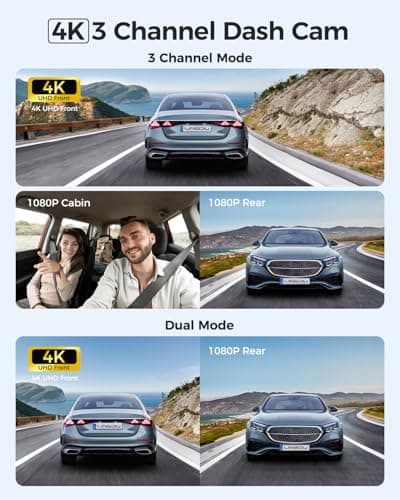 LINGDU 3 Channel 4K Dash Cam, Dash Camera for Cars, 4K+1080P+1080P Front Inside and Rear Triple Car Camera, Built-in WiFi 6 GPS, 24H Parking Mode, WDR Night Vision, Free 64GB Card V630 Dash Cam - Thumbnail 3