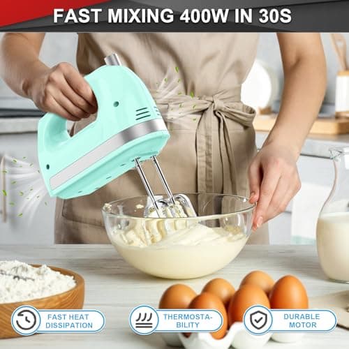 Lord Eagle Hand Mixer Electric Handheld 400W, 5-Speed Lightweight Kitchen Mixer with Storage Case, 5 Stainless Steel Attachments for Baking Cake Egg Cream Food Beater, Turbo+Eject Button, Green - Thumbnail 4